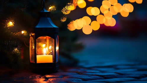 Candle lantern glows beside pine branches at night.