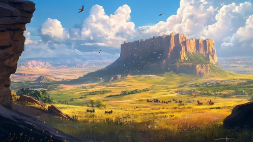 Sunlit mesa and riders welcome a wide open frontier day