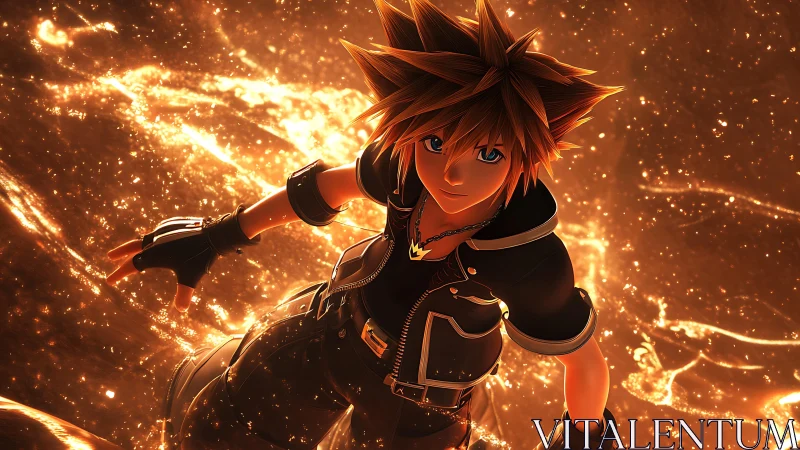 Star‑haired hero strides through molten starlight blaze.