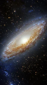 Inclined spiral galaxy glows amid dense starfield gradients