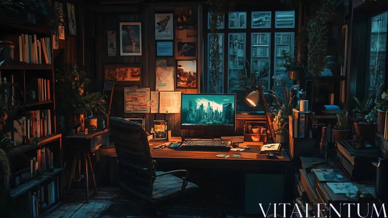Midnight coder’s jungle loft glows with urban dreams.