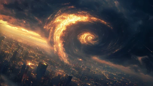 Digital painting of apocalyptic fire vortex over tilted megacity.