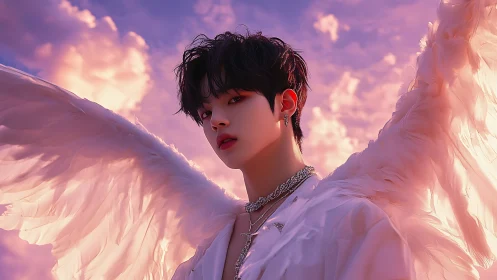 Ethereal winged youth poses under radiant pastel sunset sky