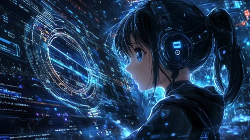 Cyberpunk girl studies glowing data streams in neon cyberspace