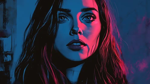 Portrait of a woman in dual-tone blue and magenta lighting.