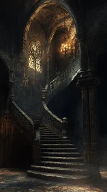 Silent grand staircase glowing with warm haunted light.