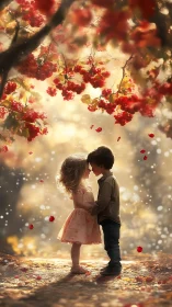 Children beneath red rowan tree with falling petals and bokeh lights