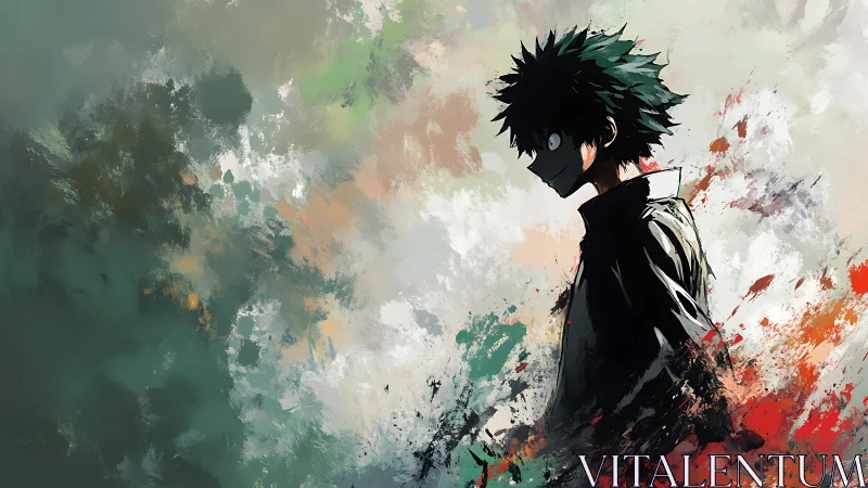 Shadowed anime hero walking through swirling color storms.