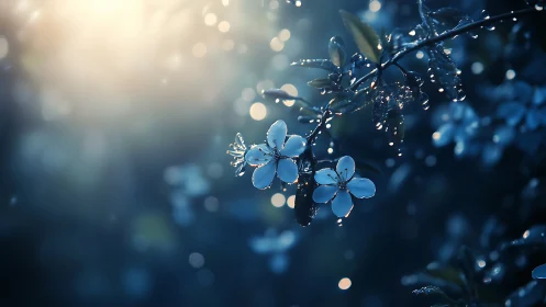 Frost-covered small flowers with water droplets on dark branches.