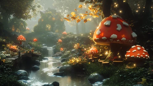 Mushroom-lit fairy creek glows beneath a dreamy woodland dusk.