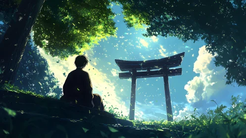 Forest daydream beneath a sunlit torii gateway of quiet wonder.