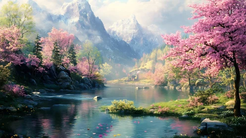 Spring alpine lake with cherry blossoms and snowcapped peaks