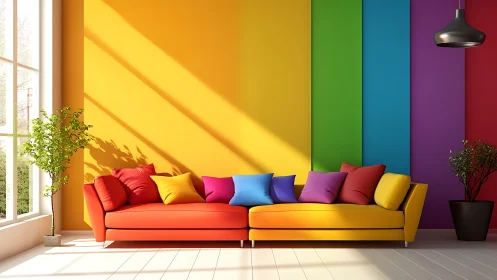 Colorful modern living room with rainbow accent wall.