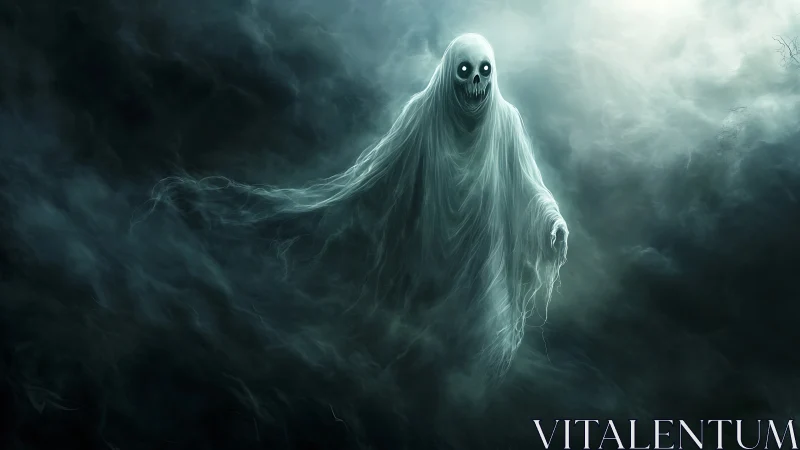 Ghostly specter emerging from dark swirling fog at night.