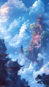 Vertical cloud temples in luminous skybound landscape design.