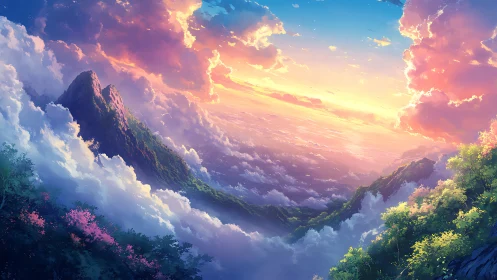 Dreamy mountain sunrise above a glowing sea of clouds.