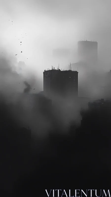 Fog-shrouded high-rises dominate monochrome city skyline.