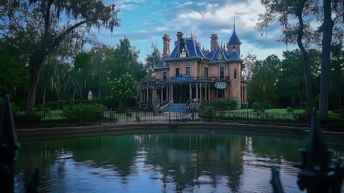Victorian mansion by pond in dense green woodland garden.