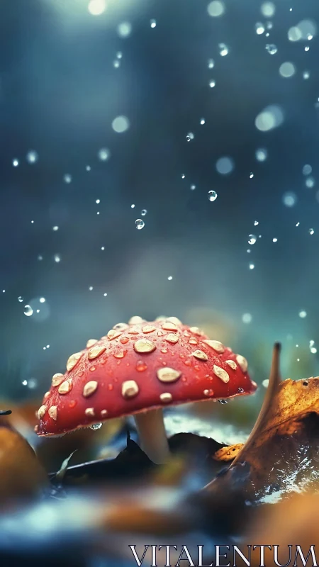 Red mushroom cap collects raindrops among wet autumn leaves
