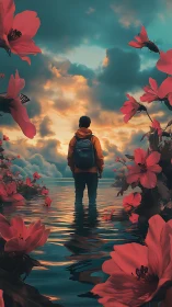 Solitary figure stands in shallow reflective water amid large flowers