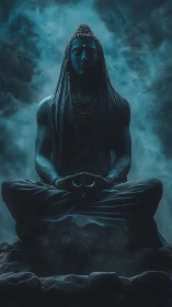 Meditating deity statue in smoky teal rim light stillness.