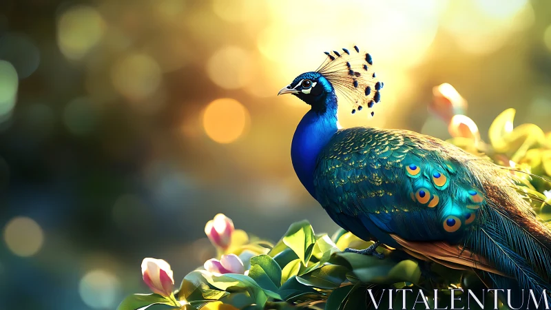 Radiant peacock rests in glowing garden bokeh light