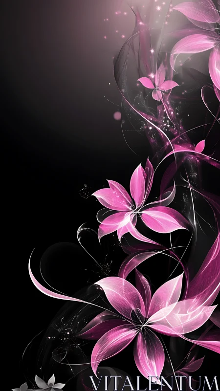 Pink Abstract Flowers with Particle Effects on Black Background