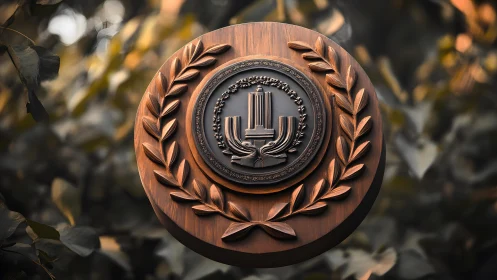 Wooden Academic Emblem with Laurel Wreath in Nature Setting.