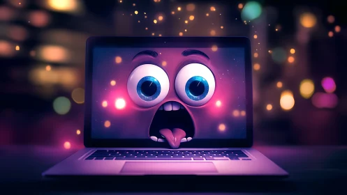 Animated laptop screen reacts with shocked, comic surprise