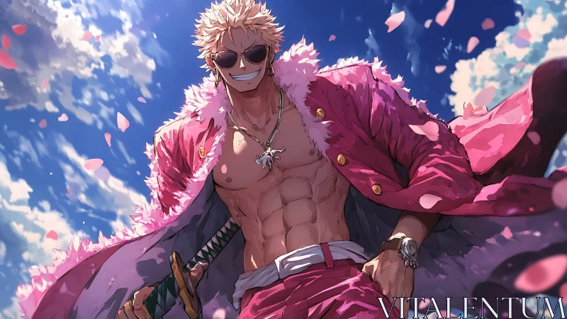 Shirtless man in pink coat stands outdoors under blue sky