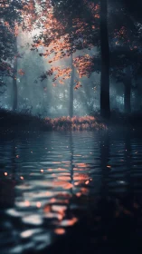 Molten Leaves Dance Above Mirror-Still Water in Autumn's Mystic Forest