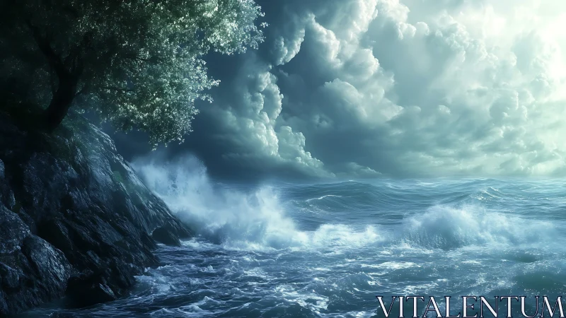 Stormlit waves court a lone cliffside tree in silver hush