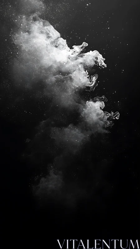 White smoke plume drifts through deep black negative space.