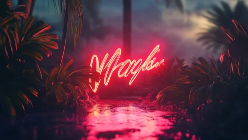 Neon script sign glows over tropical water at dusk