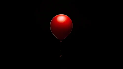Single red balloon glows softly against a deep black backdrop