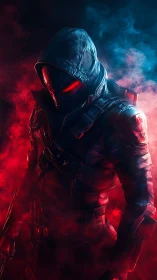 Hooded armored figure in red and blue smoky lighting.