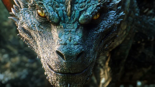 Mighty blue dragon gazes forward with watchful golden eyes