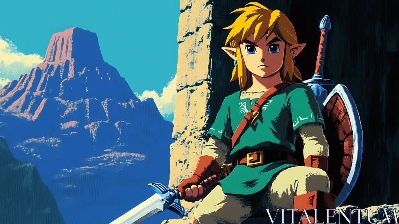 Elf warrior rests with sword before distant mesa landscape