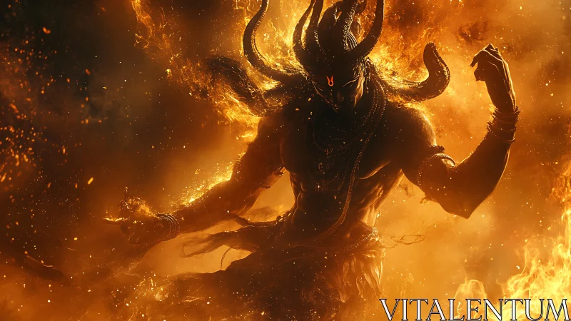 Mythic fire deity silhouette in dynamic inferno environment.