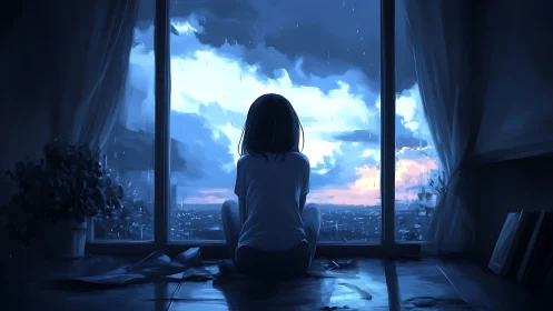 Backlit girl at rainy window overlooking blue dusk skyline