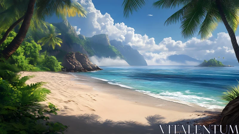 Tropical Beach with Volcanic Cliffs and Palm Trees