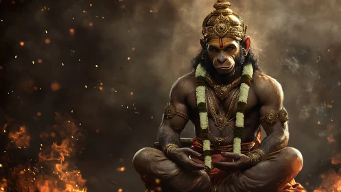 Serene monkey warrior sits in sacred firelit calm.