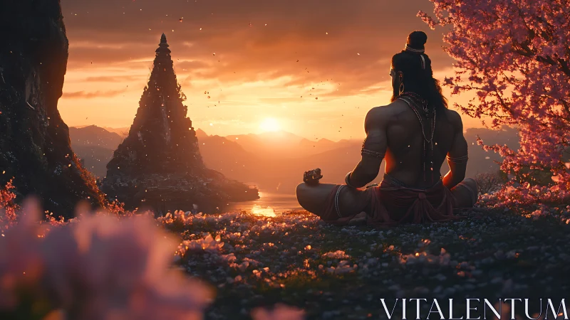 Sunrise yogi beholds sacred spire amid drifting blossoms.