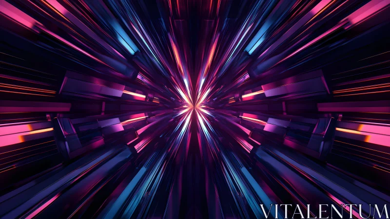 Futuristic tunnel of neon light beams in an abstract digital style.
