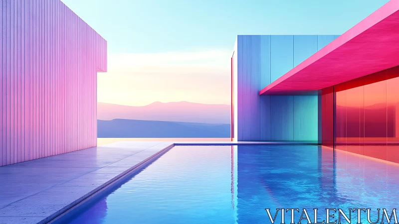 Minimalist Architectural Pool Bathed in Gradient Sunset Hues.
