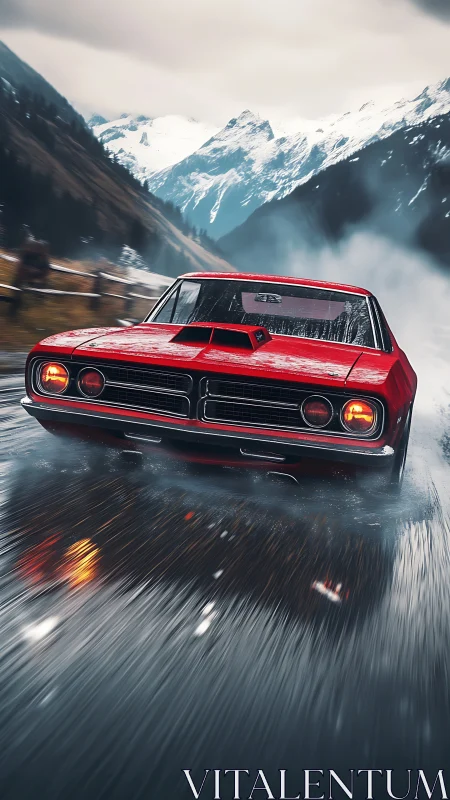 Crimson muscle car outruns mountain rain on icy asphalt.