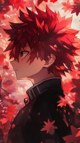 Autumn ember-haired student beneath drifting scarlet leaves.