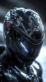 Chromed cybernetic helmet reflects cold studio highlights.