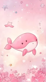 Cute pink whale floating in dreamy pastel sky world.