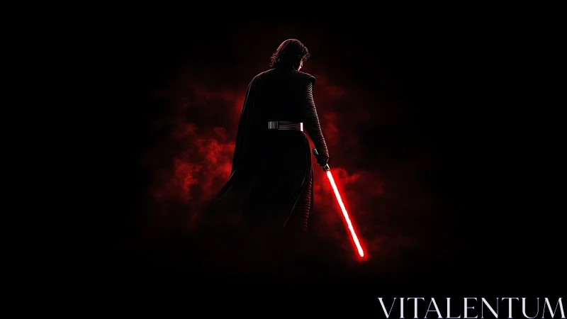 Backlit dark warrior holds red energy blade in volumetric haze